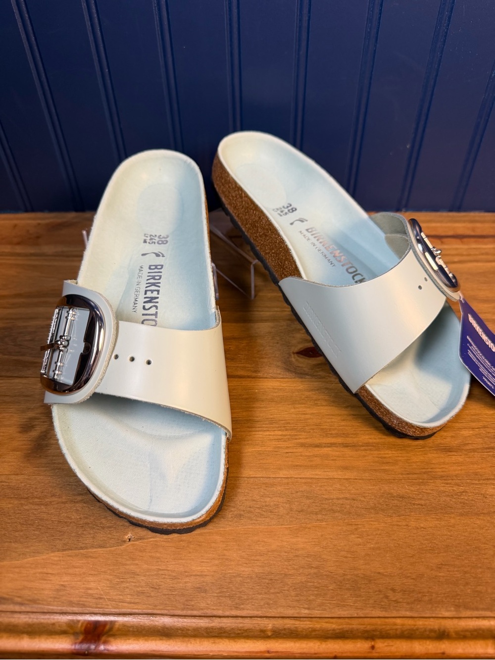 NWT Birkenstock Madrid Big Buckle High-Shine Surf Green Sandals 38 Narrow